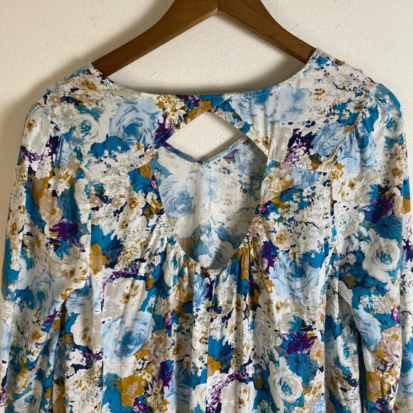 Umgee Sz S Floral Mini Dress Blue Purple Gold Boho Cottagecore Peasant Bohemian - Picture 8 of 11